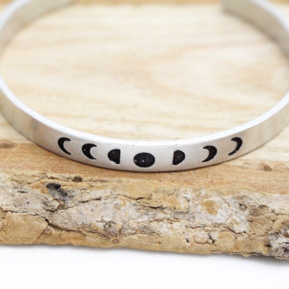 Moon Phases Bangle - Hand Stamped Anodized Aluminum Bangle - Adjustable - Picture 7 of 12